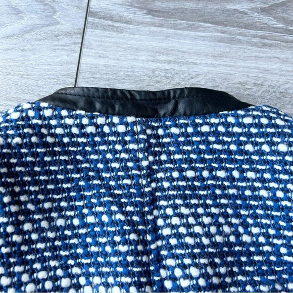 Zara Trafaluc Blue Black Tweed Faux Leather Moto Jacket - Picture 15 of 16